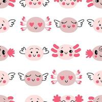 Doodle axolotls caras con diferentes emociones de patrones sin fisuras. vector