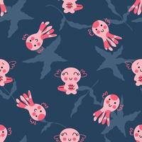 Hand drawn seamless pattern with octopus and axolotls in the ocean. vector