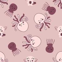 Hand drawn seamless pattern with axolotls, octopus and jellyfish. vector