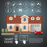 infografía de casa inteligente con casa de fachada y sistema de tecnología de iconos. vector