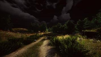 Thunderstorm clouds with lightning in green meadow photo