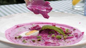 Woman eating Plate Of Delicious Pink Soup At Restaurant video