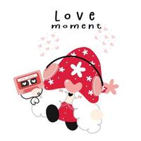 linda chica gnomo roja escucha música de amor, lindo vector plano de dibujos animados de San Valentín