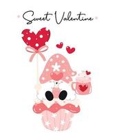 lindo dulce gnomo de san valentín gril con taza de crema de látigo rosa y caramelo en forma de corazón sentado en lindo muffin, vector plano de dibujos animados