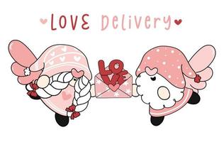 Cute two couple Gnomes cupid with cupid wings boy and girl holding love letter, love delivery, flat vector cartoon drawing outline clipart