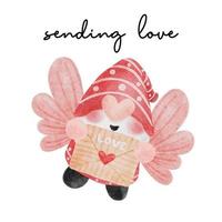 lindo gnomo rojo enviando carta de amor acuarela dibujos animados vector pintura a mano, enviando amor, mensaje de amor