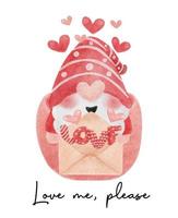 cute red Gnome with love letter in pink coffee cup watercolor cartoon vector hand painting, love me please