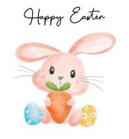 lindo conejito conejo niña sonrisa abrazo zanahoria con huevo de pascua vivero bebé caricatura vector acuarela, felices pascuas