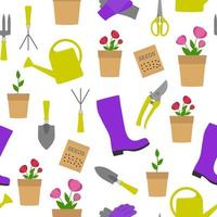 herramientas de jardín de patrones sin fisuras. regadera de colores, florero con flores, rastrillo de mano, llana, trasplantador y tijeras. vector