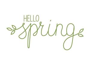 Hand drawn line art hello spring lettering text. Lettering spring season with leaf for greeting card, invitation template, poster and banner vector