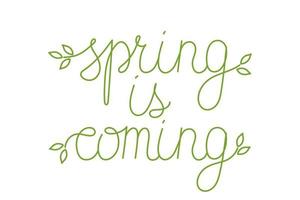 Hand drawn line art spring is coming lettering text. Lettering spring season with leaf for greeting card, invitation template, poster and banner vector