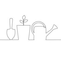 Hand drawn one line watering can, hand trowel and a plant in flowerpot. Plant care. Thin line illustration. vector