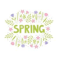 Hand drawn spring lettering text with flowers. Lettering spring season for greeting card, invitation template, poster and banner vector