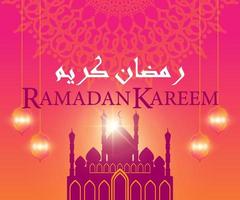 Illustration for Ramadan poster, moon ornament motif, mosque and chandelier, with golden light effect looks luxurious, good for banners, posters, promotional media in Ramadan vector