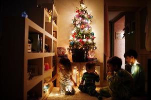 Kids looking on Christmas tree with shining garlands on evening home. photo