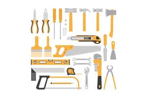 concepto de diseño plano de herramientas de carpintería, colección de herramientas de carpintería amarilla aislada sobre fondo blanco vector