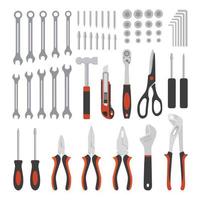concepto de diseño plano herramientas mecánicas, colección de herramientas mecánicas y herramientas de carpintería en rojo aisladas sobre fondo blanco vector