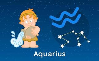 Cute cartoon Astrology of Aquarius zodiac with Constellations sign. Vector illustration on the stars sky background