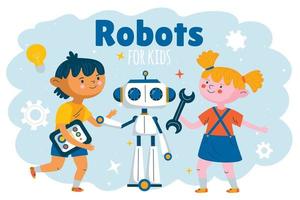 niña y niño de dibujos animados vectoriales en estilo plano dibujado a mano jugando y reparando el robot. vector