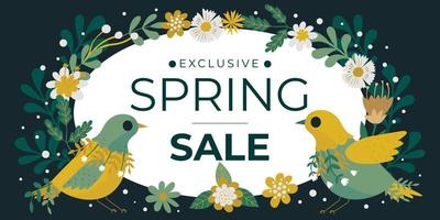 Vector hand drawn style spring sale banner with birds and flowers.