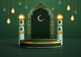 Realistic 3d Islamic celebration with Arabic ornament and product podium. Ramadan Kareem illustration for advertising, sales, online shopping, and marketing in green background design vector