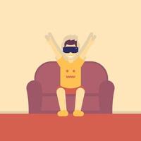 cheerful guy in virtual reality headset on couch, vector illustration