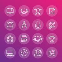 school and college line icons set, education, computer class, astronomy, physics, biology, geometry, graduation cap, backpack vector