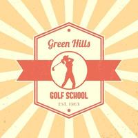 Golf school vintage logo, badge, golf school tetragonal emblem, with girl golfer, female golf player swinging golf club, vector