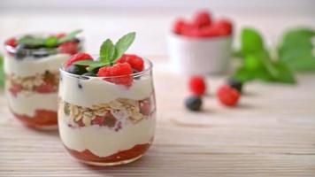 Framboesa e mirtilo caseiros com iogurte e granola - estilo de comida saudável video