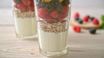 zelfgemaakte mango, framboos en bosbes met yoghurt en muesli - healthy food style video