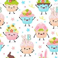 lindo patrón con cupcakes kawaii de Pascua. vector de estilo de dibujos animados