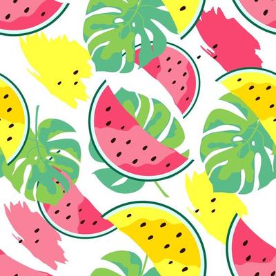 Seamless pattern of monstera leaves, slices of watermelon on a white background.