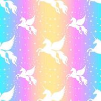 Winged unicorn and stars seamless pattern. Silhouette of a flying unicorn on the starry sky. Silhouette white on a rainbow background. vector