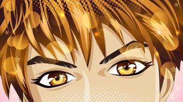 Brown eyes of a young man with blond hair with sequins in anime style. Happy look.