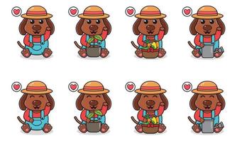 Vector Illustration of Cute sitting Dog cartoon with Farmer costume and hand up pose.