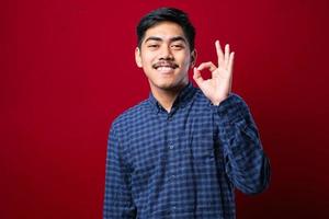 Handsome young man with mustache wearing casual tshirt over red background smiling positive doing ok sign with hand and fingers photo