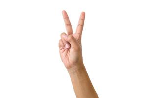 Isolated hand signal on white background, male adult hand making a two fingers peace sign photo