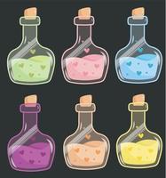 Set of 6 Love Potion in Colored Bottles. Free Vector Graphics for Valentines Day. 6 Colored Jar of Hearts