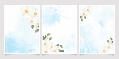 white Phalaenopsis orchid on blue watercolor splash wedding invitation background collection vector