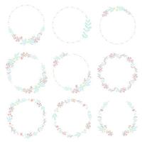 cute hand draw style pastel pink and blue spring tiny little flower and leaf wreath collection vector