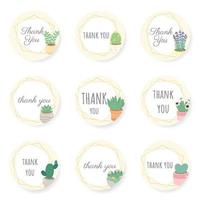 cactus and succulent flat style with golden geometric frame thank you sticker collection