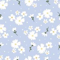 flat style white daisy flower on blue background seamless pattern