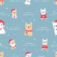 cute french bulldog puppy dog in christmas costume for christmas or new year party seamless pattern snow background vector