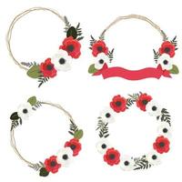 red and white anemone or poppy flower wreath frame collection flat style isolated on white background vector