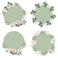white camellia flower on green circle background wreath frame collection flat style