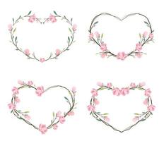 marco de corona de corazón de magnolia rosa para banner de san valentín vector