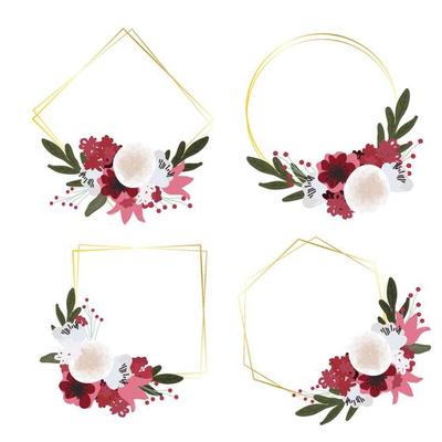 beautiful red and white flower bouquet with golden geometric frame flat style collection for wedding birthday or valentine's day