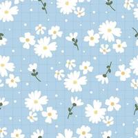 flat style white daisy flower on blue plaid background seamless pattern