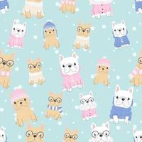 cute french bulldog puppy dog in winter costume seamless pattern snow background vector