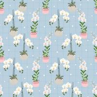 white Phalaenopsis and dendrobium orchid on blue plaid background seamless pattern for wrapping paper or fabric vector